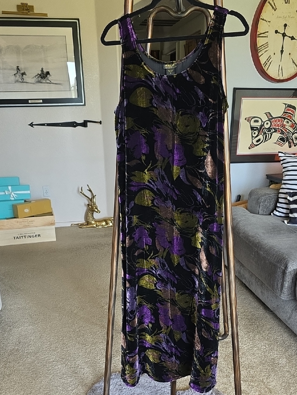 Sleeveless Dark Floral Silk Velvet Maxi Dress in Black Purple and Olive Medium